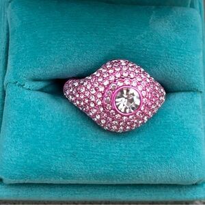Kurt Geiger London Pink, Pave Crystal Encrusted Ring with solitaire, SZ Small